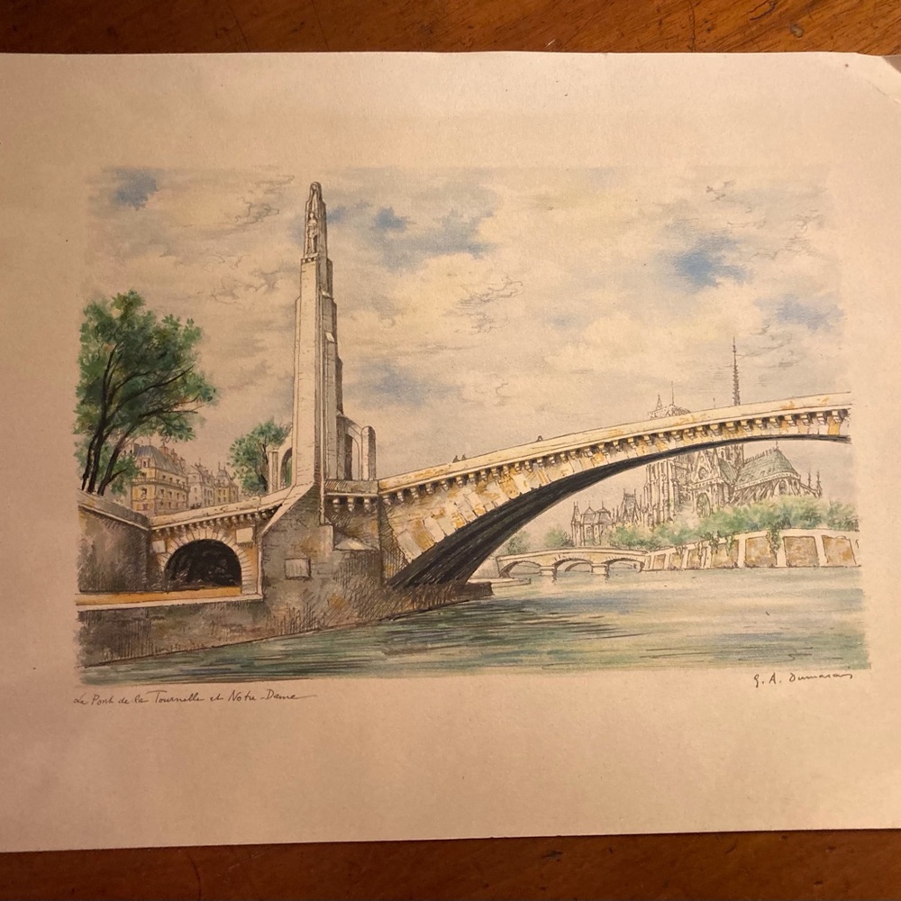 Antique print on paper color Point deTournelle et Norte Dame Paris landmark